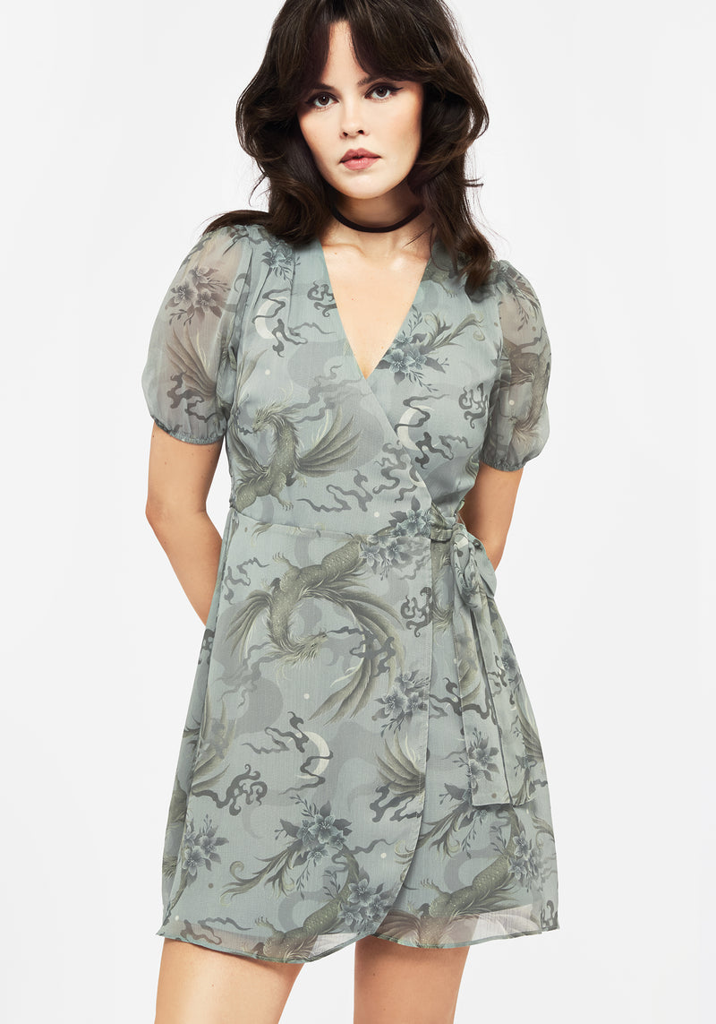 Sapphira Dragon Print Chiffon Mini Wrap Dress