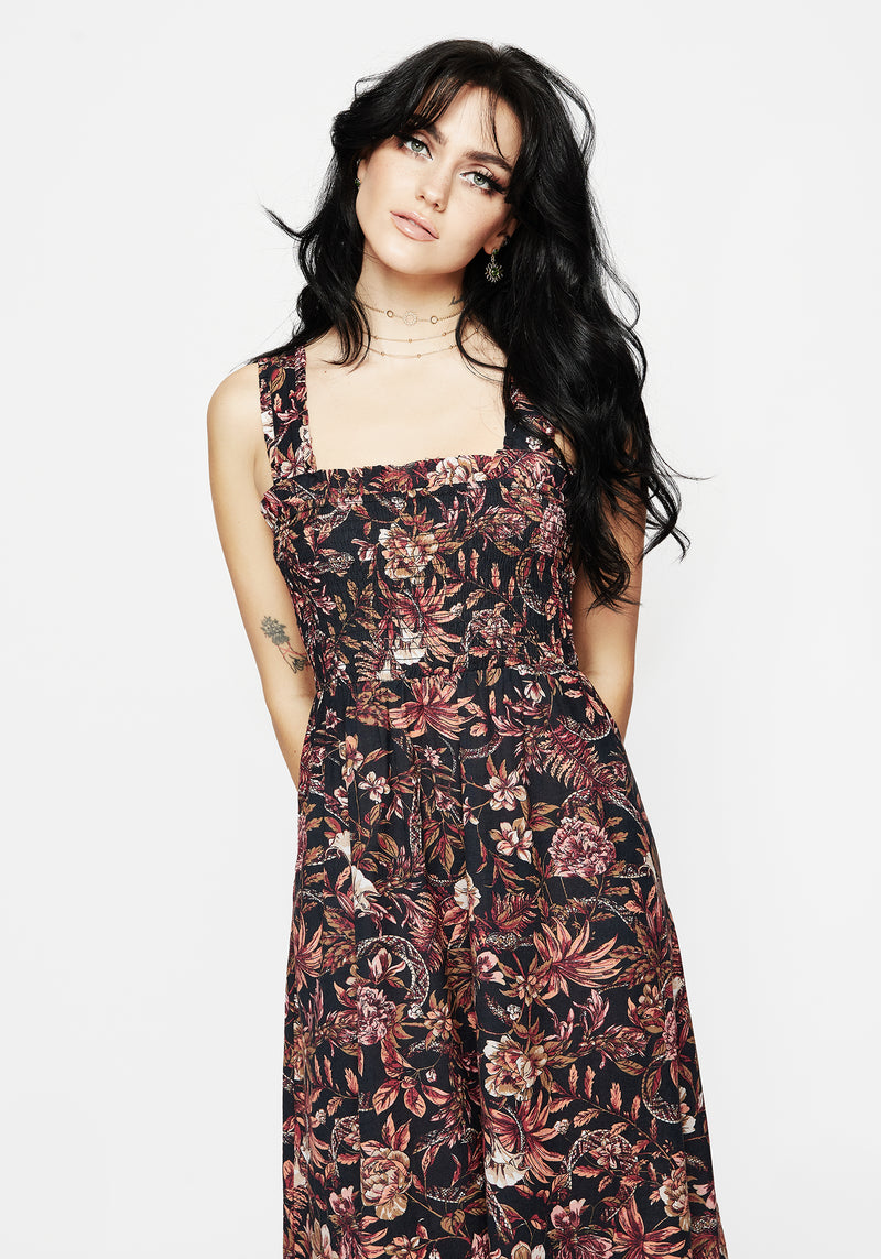 Bashe Cotton Floral Snake Print Midaxi Dress