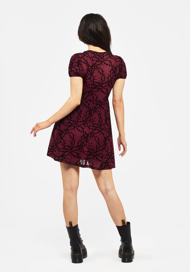 Prickle Thorn Print Mesh Puff Sleeve Mini Dress