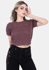 Hooked Pointelle Short Sleeve Crop Top - Purple