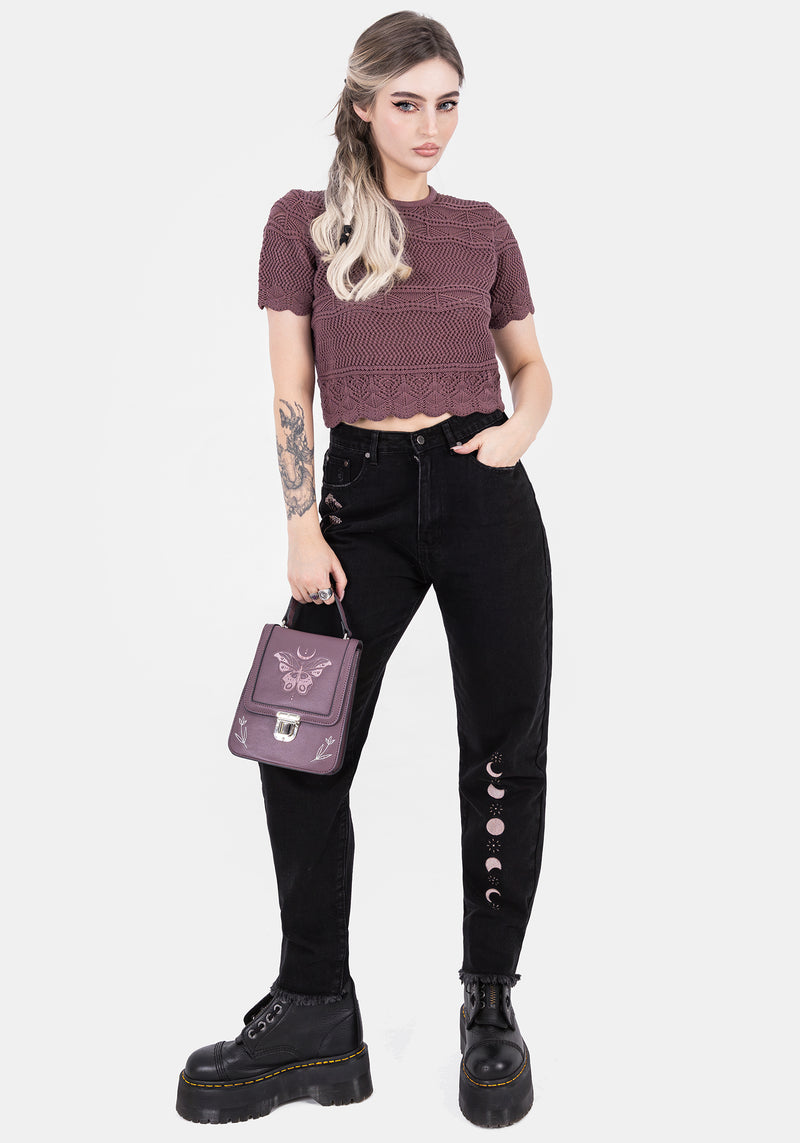 Hooked Pointelle Short Sleeve Crop Top - Purple