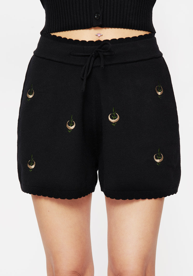 Liana Moon Leaf Embroidered Knit Shorts