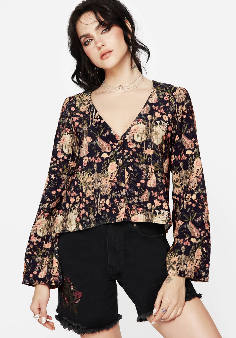 Pixie Floral Print Button Up Blouse Top