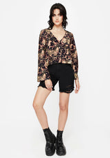 Pixie Floral Print Button Up Blouse Top