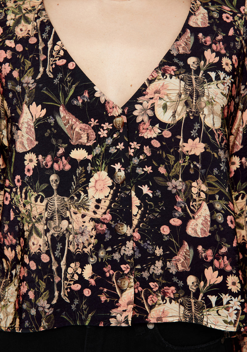 Pixie Floral Print Button Up Blouse Top