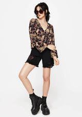 Pixie Floral Print Button Up Blouse Top