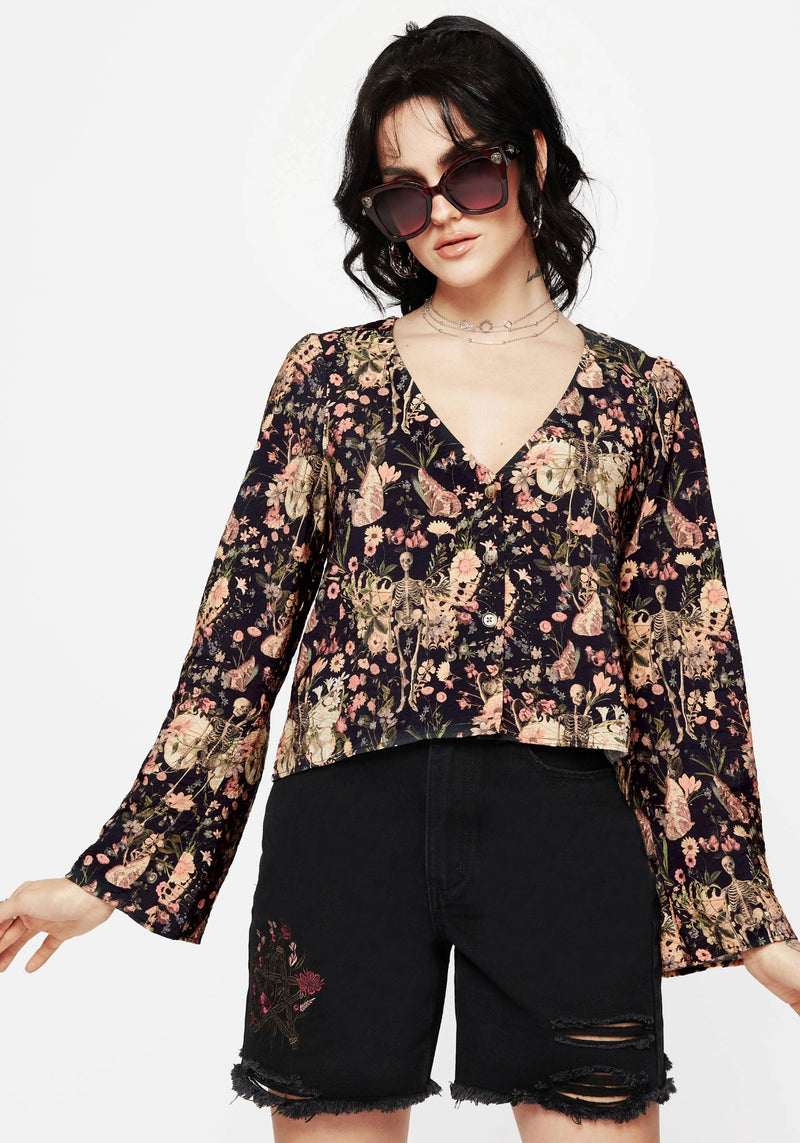 Pixie Floral Print Button Up Blouse Top