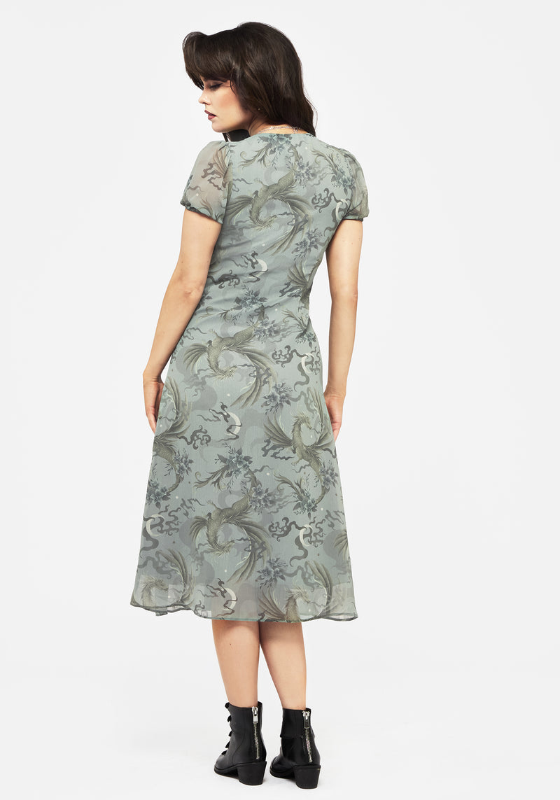 Sapphira Dragon Print Chiffon Button Up Midi Dress